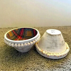 Lot of‎ 2 Mud Pie green Beaded Tartan Dip Bowls Plaid Enamel Wood 5x2.75in
